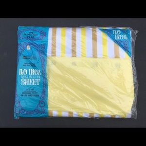 Vintage Full Flat Sheet Double Grants Muslin Striped Mod Yellow Gold White New